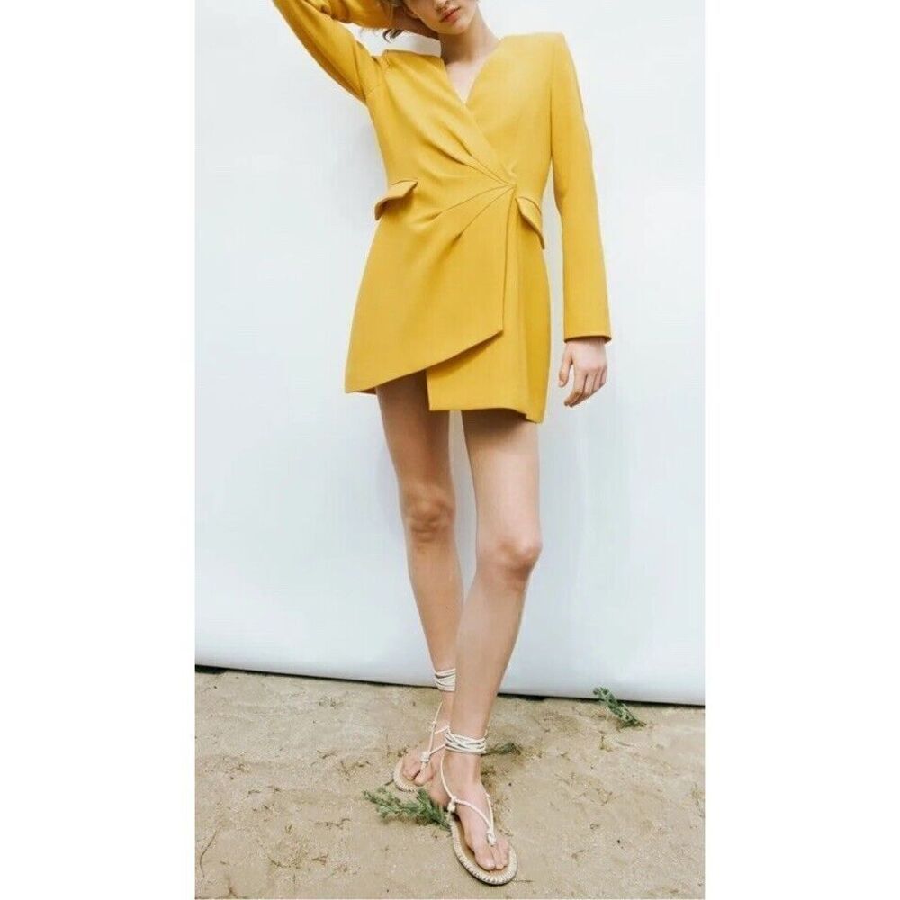 ZARA WOMAN LIMITED EDITION YELLOW DRAPED BLAZER DRESS SIZE S Asymmetric - Picture 7 of 8